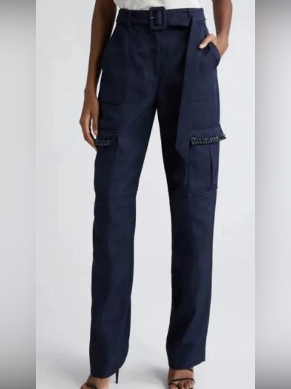 Cinq à Sept “Porsha” Navy Beaded Cargo Pocket Belted Wide Leg Trousers Sz 2 NWT